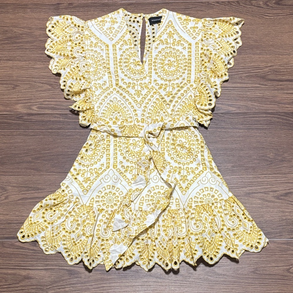 MINKPINK Yellow and White Eyelet Lace Mini Dress